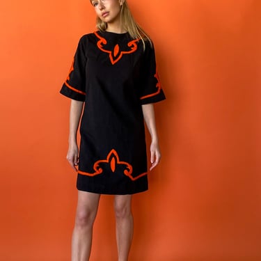 1960s Black and Orange Embroidered Dress, sz. S/M