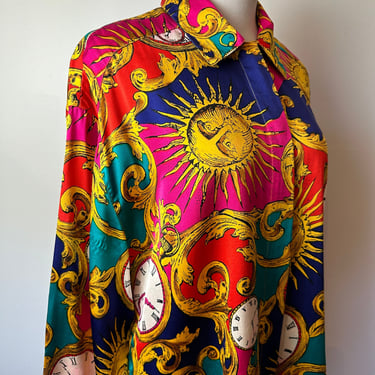 90’s Colorful 100% Silk shirt~ celestial Sun Bright illustration print bold gold pink orange Retro Plus size 16/ vintage women’s blouse XXLG 