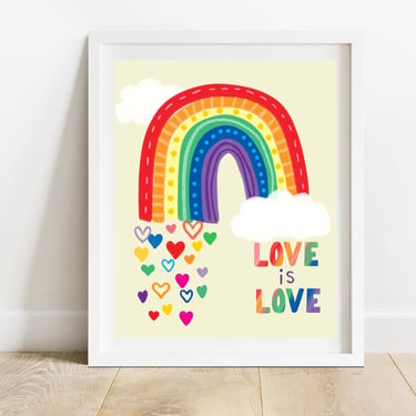 Love Is Love LGBTQ 8X10 Art Print/ Rainbow and Hearts Pride Illustration/ Kids Inclusivity Bedroom Decor/ Love Is Love Wall Art 