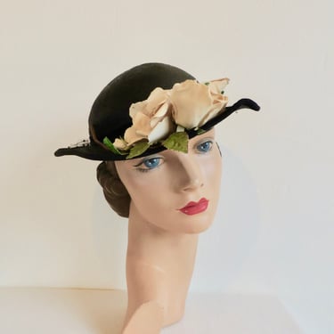 Vintage 1930's Black Fine Straw Small Brim Hat Fabric Roses Trim Art Deco Era Spring Summer 30's Millinery Janyth Roy New York Size 22 