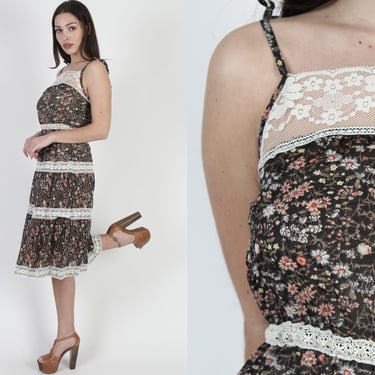 Vintage 70s Wildflower Floral Sun Dress, Sheer Lace Garden Outfit, Autumnal Prairie Tiered Mini Skirt 