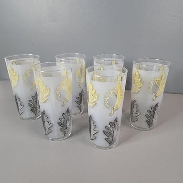 Set of 6 Retro Leaf Pattern Libbey Drinking Glasses 