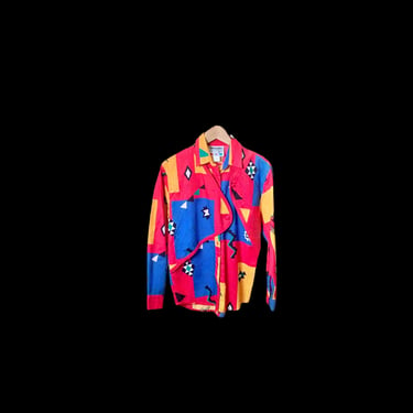 Southwestern Print Shirt, Vintage 90s Wrangler Oxford, Neon Colorful Abstract Print Top, Long Sleeve Button Down Collared Shirt 