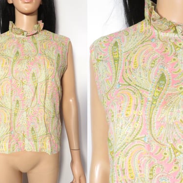 Vintage 60s Neon Paisley Ruffle Frilly Collar Button Back Lightweight Top Size M/L 