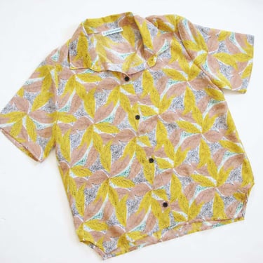 Vintage 80s Floral Print Button Up Shirt M L - Collared Pink Yellow Abstract Pattern Blouse - Baggy Oversized Button Up 