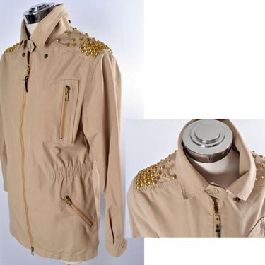 1970's London Fog Brass METAL STUDS Jacket Rain Coat, Tan, Vintage Hippie Disco Safari Studded Jacket Denim 