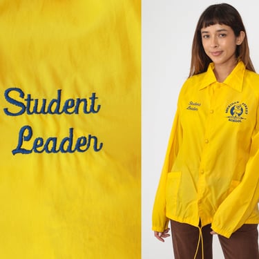 Student Leader Windbreaker Jacket 80s Yellow Sheridan Street Elementary School Uniform Jacket Vintage 1980s Retro Snap Up Baseball Medium 