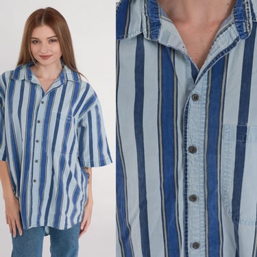Striped Button up Shirt 90s Collared Oxford Shirt Blue Retro Short Sleeve Preppy Pocket Boyfriend Cotton Vintage 1990s Sostanza Mens Large L 