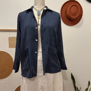 Vintage Navy Blue Vertical Stripe Preppy Comfy Button Down Blouse Blazer 