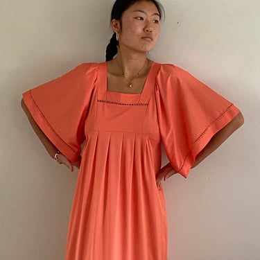 70s maxi lounge dress / vintage Vanity Fair tangerine orange nylon square neck babydoll butterfly sleeve maxi hostess dress | Medium 