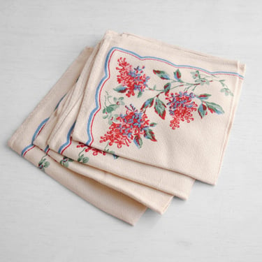 Vintage Floral Napkins in Red, Blue, and Green, Set of Four 10.5
