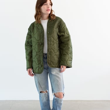 Vintage Green Liner Jacket | Unisex Wavy Quilted Nylon Coat | L | LI120 