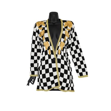 Vintage Gold Rose Embroidered Black White Checkered Cardigan Dress Size Small Deep V Neck Sweater Dress Long Sleeve Top Summer Floral Dress 