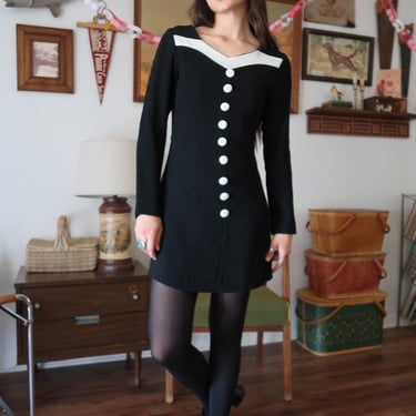 Vintage 90's Black White Button-down Long Sleeve Dress 