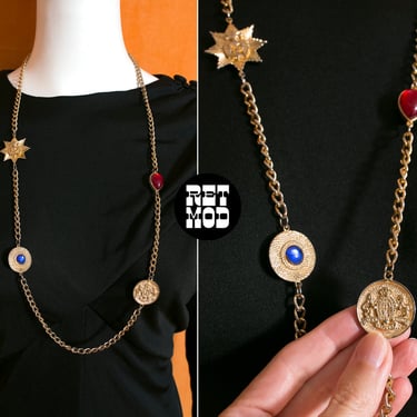 Goth Vibes Vintage 70s Chain Necklace with Blue & Red Cabochons and More 