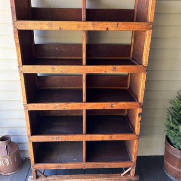 Vintage Shoe Factory Cart: Industrial Wood Shelving Unit with Numbered Cubbies 