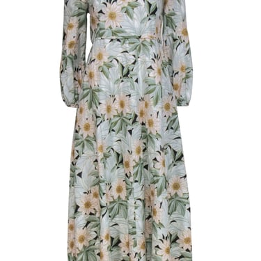 Tuckernuck - Green & Cream Linen & Cotton Daisy Print Maxi Dress Sz L