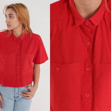Red BUTTON UP Shirt 80s Cropped Chest Pocket Blouse Vintage Plain Shirt Military Inspired 1980s Retro Short Sleeve Shirt Cotton Blend Medium 