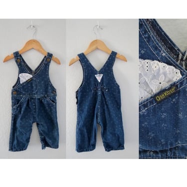 Vintage Oshkosh Overalls - Baby Girl Blue Floral Denim Jean Romper - Size 12 Months 