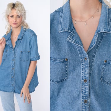 90s Denim Shirt Blue Jean Button up Blouse Collared Retro Top Short Sleeve Basic Plain Simple Casual Summer Vintage 1990s Extra Large xl 