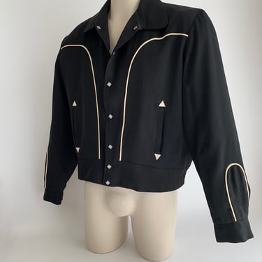 1950'S Western Styled Jacket - PENNEY'S Label - Black Rayon Gabardine - Western Piping & Square Snap Buttons - Men's Large 