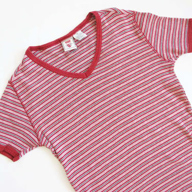 Vintage 90s Striped Ribbed V Neck Knit Shirt S M - 1990s Red Blue Cotton T Shirt 