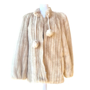 Vintage Sno-Minke Coat by Hillmoor with Pom Poms, Blonde Faux Fur Jacket, 1960s Fur Coat, Gift for Her, Mob Wife Style, Fashion Love Gift 