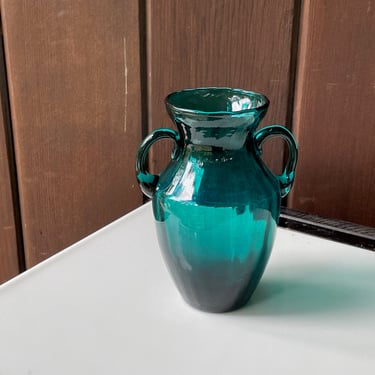 Amphora Art Glass Vase Teal Hand Blown Vintage Mid-Century Classic Greek Form 