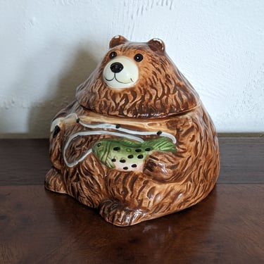 Small Ceramic Cute Fishing Bear Lidded Container 