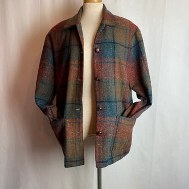 Women’s Wool plaid 49er style jacket~ 90’s nubby checker neutral earthy tones block checker~leather buttons preppy retro size M/L 
