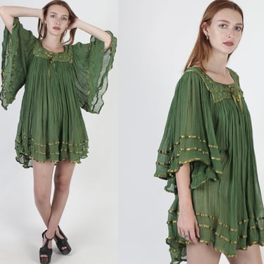 Green Mexican Gauze Mini Dress, Lightweight Thin Kimono Sleeves, Vintage Crochet Lace Angel Top 