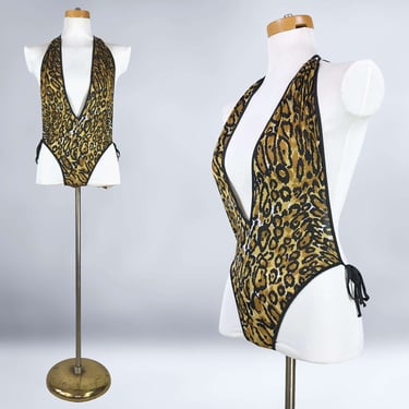 VINTAGE 70s 80s Deep Plunge Side Tie Lingerie Bodysuit Leopard Print | 1970s 1980s One Piece Sling Body Suit | VFG 