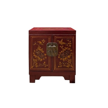 Chinese Distressed Brick Red Flower Birds Graphic End Table Nightstand cs7608E 