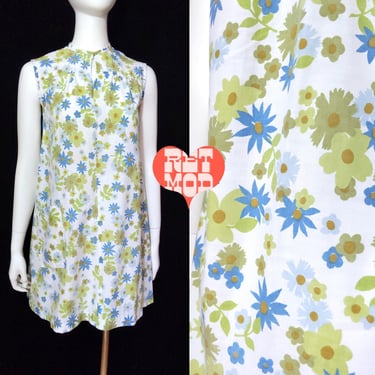 Unique Vintage 60s 70s Pastel Blue Green White Flower Power Smock Tent Dress 