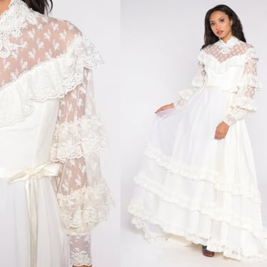 70s Wedding Dress Victorian Bridal Dress White Lace Maxi 1970s Sheer Illusion Neckline Bohemian Tiered Boho Sheer Long Sleeve Formal Small 