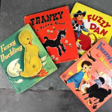 1950s Fuzzy Wuzzy Books | Set of 4 | Fuzzy Dan | Fuzzy Duckling | Fuzzy Friends | Franky the Fuzzy Goat | Whitman Publishing | Bixley Shop 