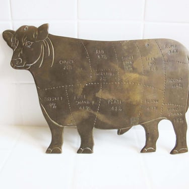 Vintage Brass Metal Cow Kitchen Art - Butcher Meat Map Steak Wall Hanging - Farmhouse Shabby Chic Kitchen Decor 