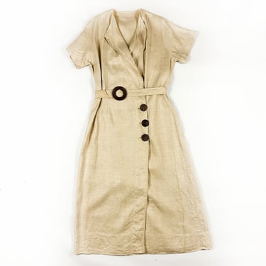 1920s Off White / Cream Linen Lawn Dress / Maxi Dress / Oversize Wood Buttons / Art Deco / Minimal / Matching Belt / Elegant / Small / Wrap 