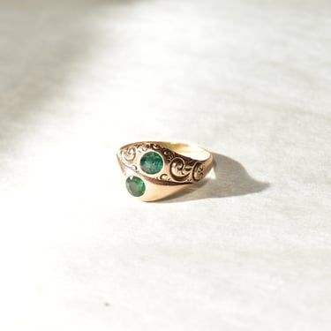 14K Two-Stone Emerald Ring In Yellow Gold, Polished Finish & Engraved Swirl Design, Estate Jewelry, 9 1/4 US 