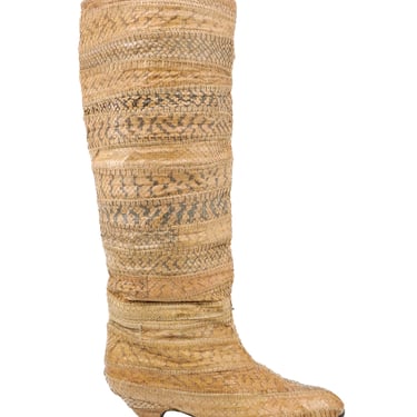 1980s Tan Patchwork Snakeskin Knee High Boots, 7