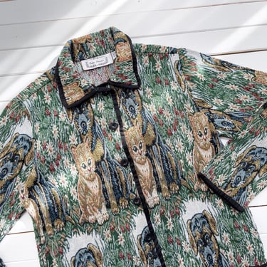 cottagecore jacket 90s vintage Sara Studio cat dog kitten puppy floral woven blanket chore coat 