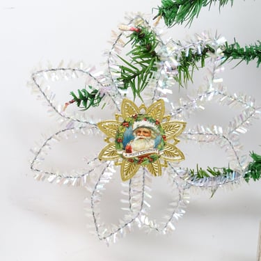 Vintage Cellophane Tinsel Snowflake with Santa Die Cut Christmas Ornament, Vintage MCM Retro 