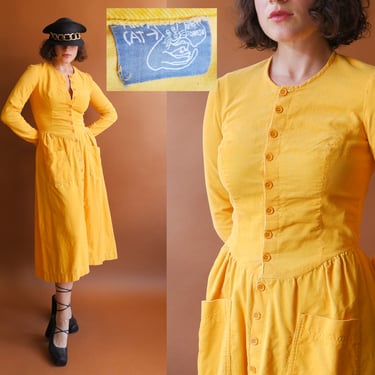 Vintage 70s ALLEY CAT Betsey Johnson Yellow Corduroy Dress/ 1970s Long Sleeve Dress with Pockets/ Size Small 