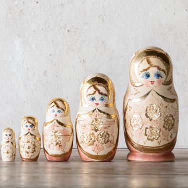 Set of Five Matryoshka Dolls, 5 Vintage Pastel and Gold Nesting Dolls 