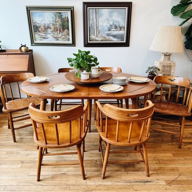 Mid Century Pine Table, 6 Captain's Chairs & Lazy Susan