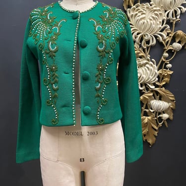1950s wool cardigan, Christmas, vintage sweater, Kelly green, beaded cardigan, size medium, mrs maisel style, 36 bust, dynasty, Hong Kong 