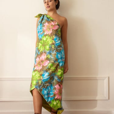 1960s Hawaiian Polished Cotton One-Shoulder Resort Dress 