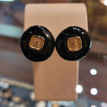 Vintage Givenchy Black and Gold Logo Earrings Pierced Designer Earrings Button 