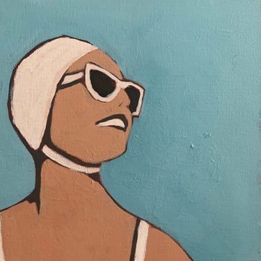 Bathing cap, classic, hand painted, original art, unique art, retro swimmer, vintage woman, summer art, bathing suit, 12x 12 