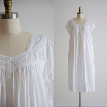 white cotton nightgown 90s plus size vintage Eileen West antique Victorian style chemise 